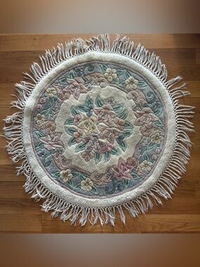 Vintage Round Floral Accent Rug 38” Thick Plush with Fringe